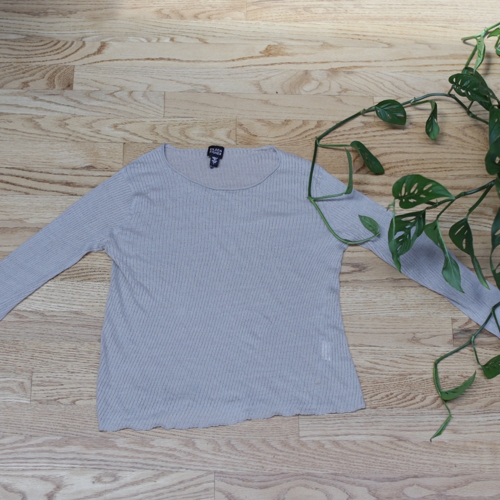 Beige Lettuce Ruffle Eileen Fisher Linen Top Sz L